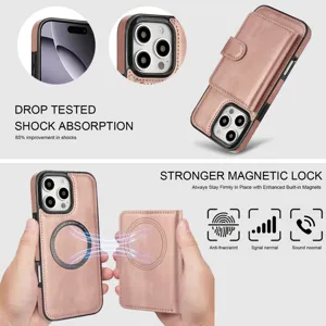 Gedetailleerd overzicht van de roségouden magnetische portemonnee telefoonhoes met kaarthouder.