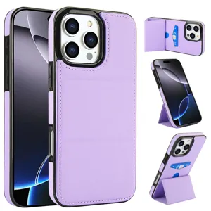 Funda de cuero para teléfono en violeta con tarjetero y soporte plegable para iPhone.