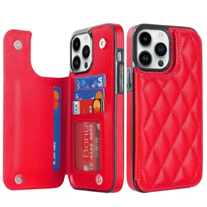 Red quilted leather phone case with card slots and magnetic closure for Samsung S24 series