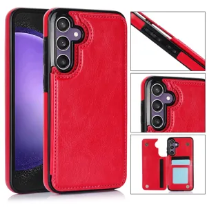 Detalle de funda de cuero rojo, diseño de billetera con ranuras, recortes precisos y laterales.