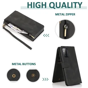 Detailed view of black leather wallet phone case with zipper pocket, card slots and strap.
