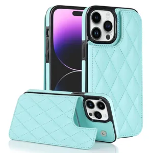 Light blue quilted phone case with card holder pocket and snap button for iPhone series.