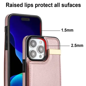 Fundas de cuero rosa para teléfono con tarjetero y soporte, protección elevada para pantalla.