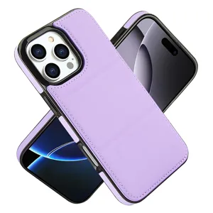 Fundas de teléfono de cuero morado con tarjetero y soporte para iPhone diseño ultra fino.