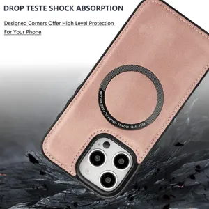 Vue détaillée de l'étui de téléphone magnétique en cuir de luxe avec coins renforcés antichute.