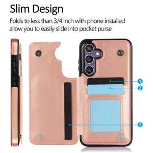 Fundas tipo cartera de cuero oro rosa con ranuras para tarjetas y diseño delgado.