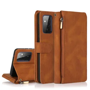Brown PU Leather Wallet Phone Case with Zipper Pocket and Card Slots Stand Cover