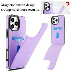 Vista detallada de funda de cuero morada para teléfono con tarjetero y soporte magnético.