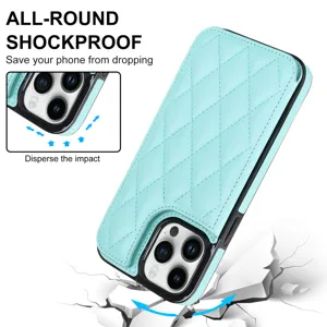 Light blue quilted leather phone case with card holder and drop protection for iPhone.
