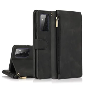 Multifunctional black leather wallet phone case with card slots, zipper pocket and stand.