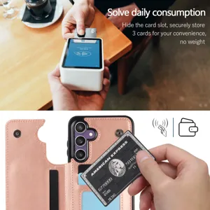 Funda de cuero multifuncional para teléfono con ranuras para tarjetas y seguridad.