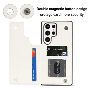 Fundas de cartera de cuero blanco Samsung S25 Ultra con ranuras para tarjetas y doble botón.