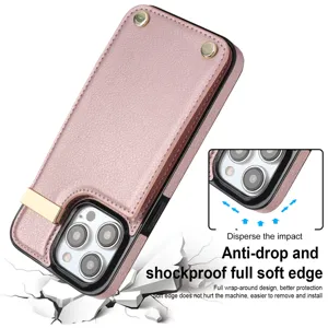 Funda de cuero rosa para teléfono con tarjetero y soporte metálico, protector antichoque iPhone.