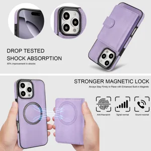 Afneembare magnetische leren telefoonhoes detail, toont schokbestendige valtest.