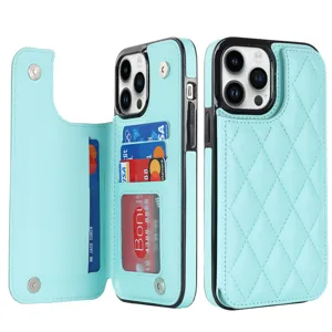 Quilted leather wallet phone case with card slots and magnetic closure for daily use.