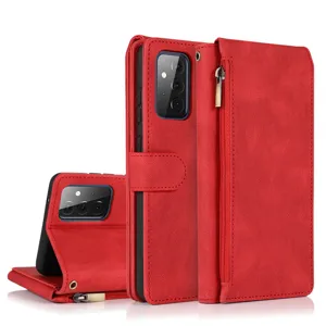 Red flip leather phone case with zipper wallet card slots and wrist strap detail view.