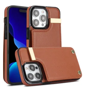 Funda de cuero marrón para teléfono con tarjetero y soporte para iPhone, estilo lujo.