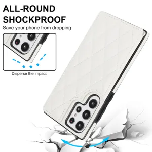 Funda de teléfono de cuero acolchado blanco con tarjetero y diseño antichoque para Samsung S25.