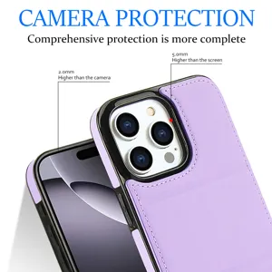 Vista detallada de la funda de cuero morada para teléfono con protección elevada.