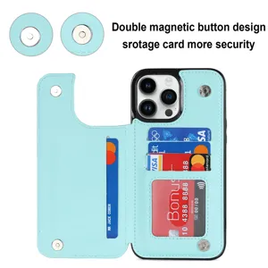 Light blue leather phone case with card slots and double magnetic button design for iPhone.