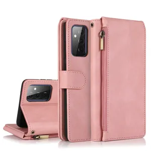 Pink leather wallet phone case with zipper pocket and card slots, stand flip cover.