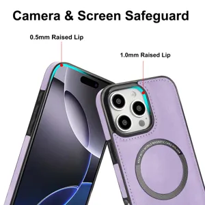 Coque de téléphone magnétique violette vue détaillée avec bords surélevés de 0.5mm et 1mm.