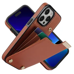 Funda de teléfono tipo cartera de cuero marrón con tarjeteros y soporte de metal iPhone