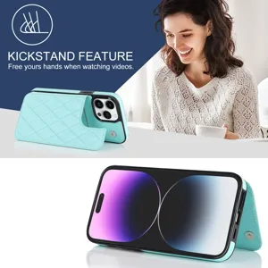 Light blue quilted leather phone case detail, card holder and kickstand feature view.