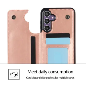 Funda de cuero tipo cartera en oro rosa con ranuras para tarjetas y cierre magnético.