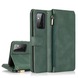 Green leather wallet phone case with zipper pocket and card slots, detail view of flip cover.