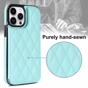 Mint green quilted leather phone case with card slot and fine hand-sewn texture details.