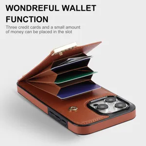 Funda de cuero tipo cartera con ranuras de acordeón y botón metálico para iPhone.