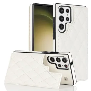 Fundas de cuero acolchado blanco tipo billetera para Samsung S25 Ultra con tarjetero.