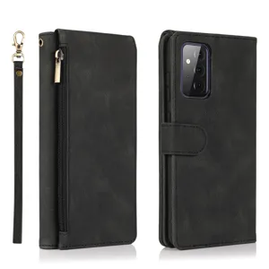 Multifunctional flip leather phone case with zipper pocket card slots and convenient hand strap.