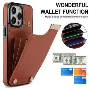 Funda de cuero marrón para teléfono con tarjetero tipo acordeón y cierre de botón a presión.