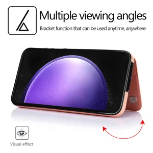 Vista detallada de funda de cuero multifuncional con diseño de soporte de ángulo ajustable.