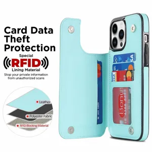 Light blue flip leather phone case with card slots, RFID blocking protection and diamond pattern.