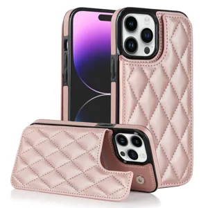 Pink quilted leather phone case with card slot and double buckle for iPhone models, stylish.