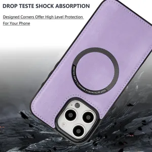 Vue détaillée de la coque de téléphone magnétique violette avec protection caméra et aimant.