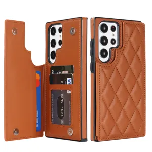 Funda de cartera de cuero marrón con tarjeteros y diseño acolchado para Samsung S25