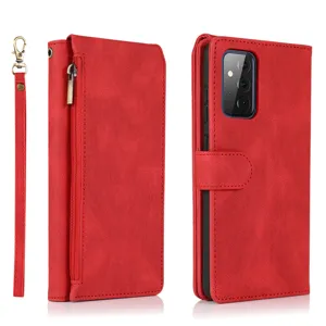 Red PU leather wallet phone case with zipper pocket card slots and hand strap for women.