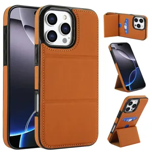 Funda de cuero marrón para teléfono con tarjetero y soporte para iPhone Pro Max.