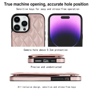 Pink quilted leather phone case with card holder and double buckle design for iPhone.