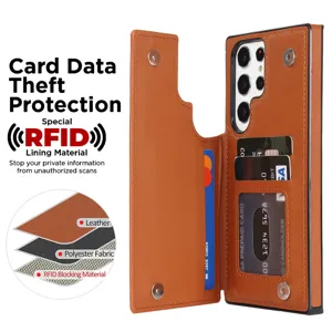 Fundas de cartera de cuero marrón para Samsung S25 Ultra con ranuras y protección RFID.