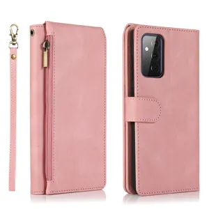 Pink PU leather flip wallet phone case with zipper pocket and wrist strap for women girls.