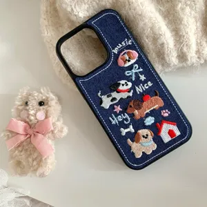 Süße Jeans Handyhülle mit Hundeblumen Stickerei für iPhone 15 14 13 Pro Max Schutzhülle