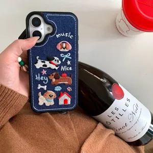 Jeans bestickte süße Hunde Handyhülle für iPhone 16 Pro Max 15 14 13 weiche Schutzhülle