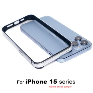 Metal bumper frame detail for iPhone 15 series, lightweight silicone and metal design.