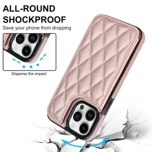 Detail view of quilted leather phone case with card slot for iPhone 16 Pro Max, elegant style.