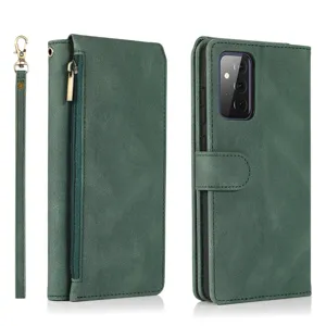 Detail view of dark green leather phone case featuring a zipper wallet and wrist strap.